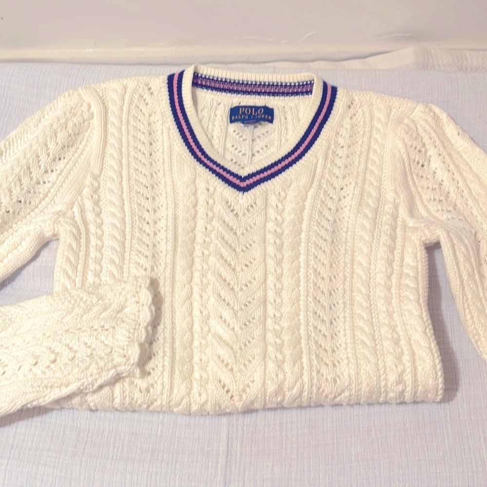 Polo Ralph Lauren ivory cable knit V-neck sweater size 6X